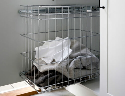 Laundry Wire Side Mounted Side-mounted wire basket. Size: 305mm W x 485mm D x 385mm H. Requires a 400mm W cabinet or larger