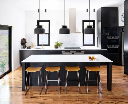 Contrasting benchtop to dark cabinetry kitchen