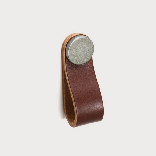Handles: Leather Dark Brown Pewter Button Pull