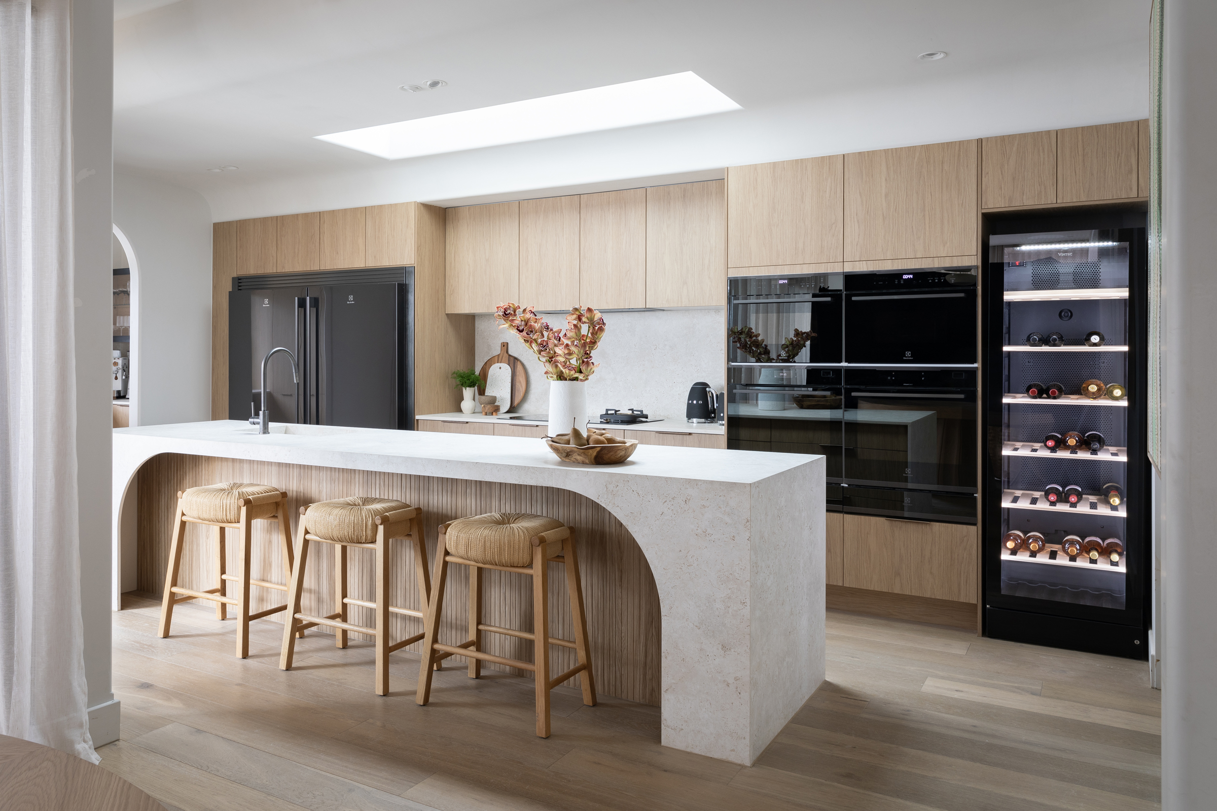 The Float Hole Bar Stools in Natural Cord/Natural Oak as seen in Kyle & Leslie’s kitchen last year’s season of The Block