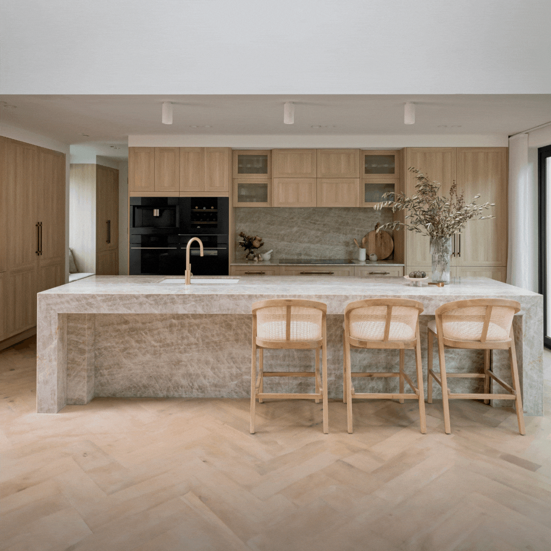 The Block 2024 House 1 Maddy & Charlotte Kitchen with Sepia in Woodland Silver cabinetry with Broadline Glass inserts - neutral and organic colour palette.