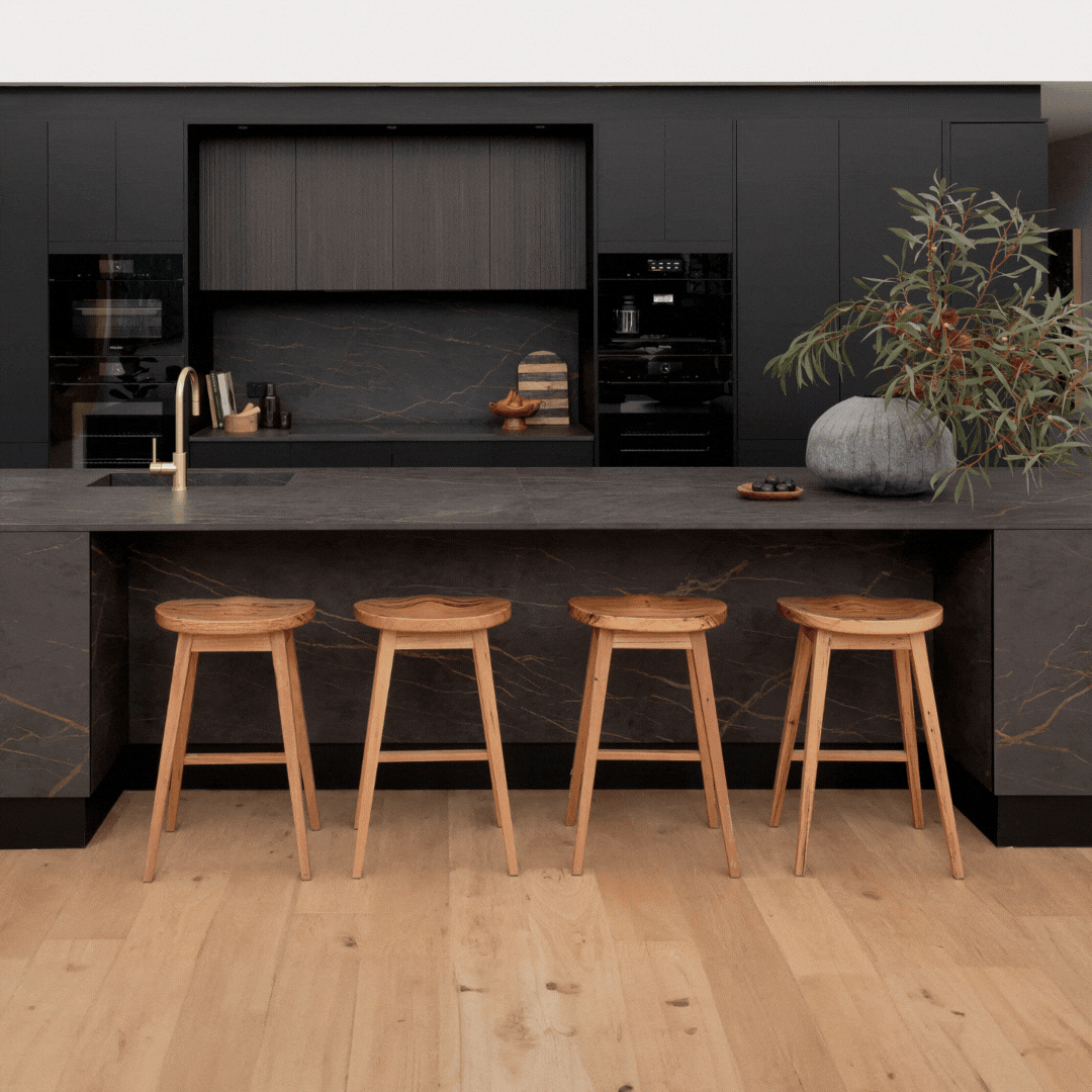 The Block 2024 House 4 Kylie & Brad Kitchen - Using Black Ultramatt & Avoca Bottega Oak Woodmatt cabinetry creating a rich dark timber look with a sleek finish.