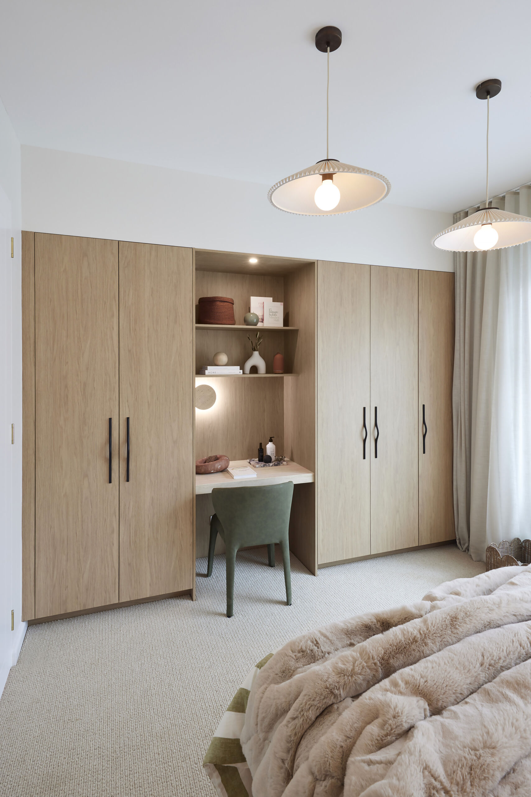Timber look built in wardrobe with desk