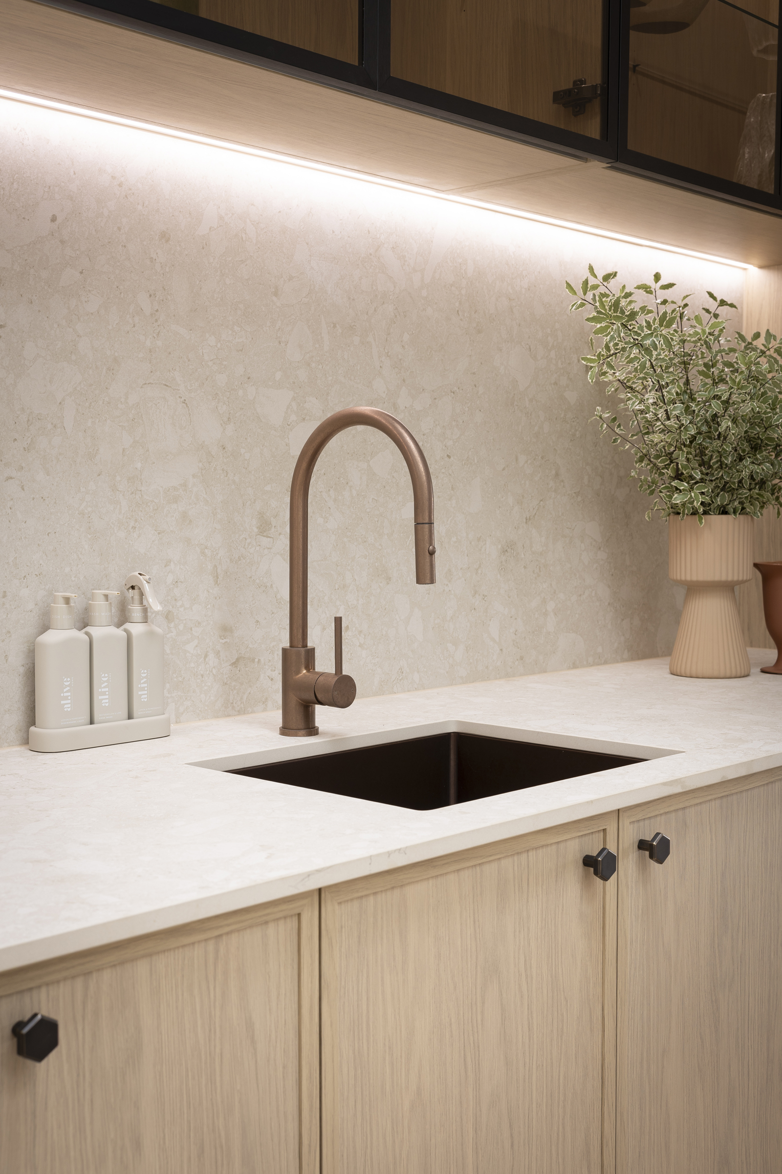 MA074 Antique Bronze kitchen tap and matching sink in Adam & Jolene’s Kinsman kitchen on The Block 2026